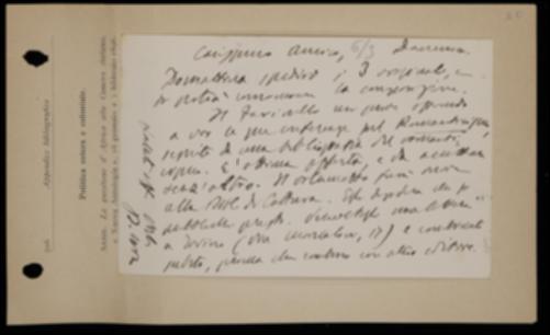 Nella cartolina, Benedetto Croce, annunciando l'imminente spedizione a Bari dei primi tre originali per la collana degli scrittori d'Italia, esorta Giovanni Laterza a scrivere ad Arturo Farinelli accettando la sua offerta di pubblicare un volume sul Romanticismo.