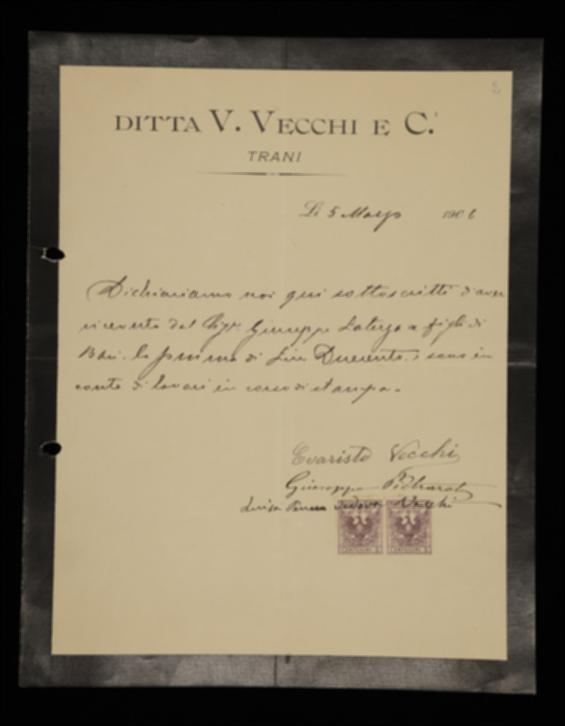 Nella lettera, Evaristo Vecchi, Giuseppe Pietrarota e Luisa Penna rilasciano a Laterza formale quietanza in conto di lavori in corso di stampa.