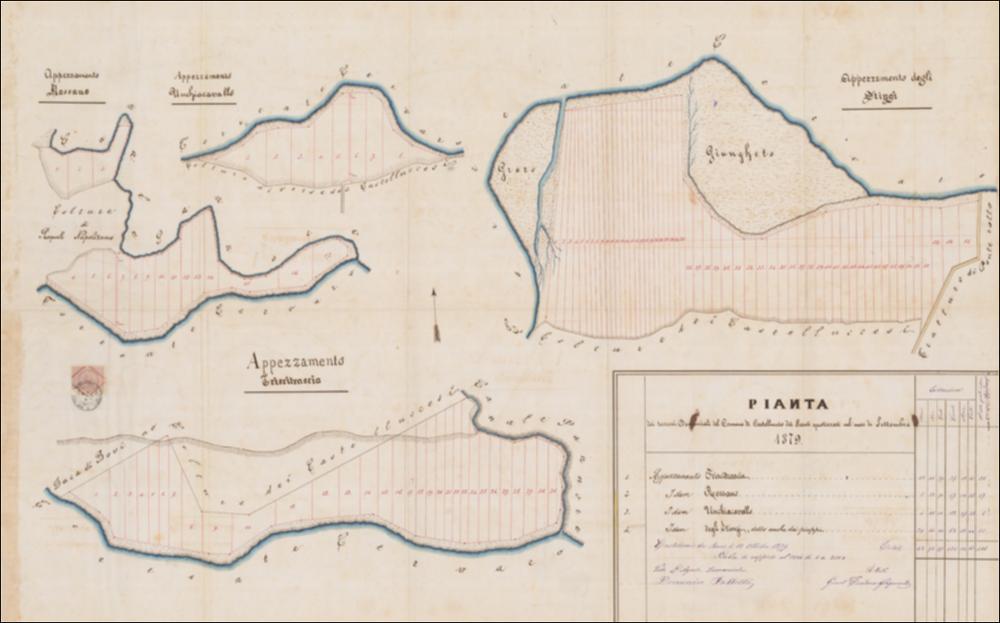 Trattasi di disegno policromo ad opera del Geometra Teodoro Giaquinto eseguito nel 1879. Il documento cartografico si sviluppa in senso longitudinale. La simbologia dei vari appezzamenti qui riprodotta è ridotta al minimo, il puntinato campisce i terreni a giuncheto adiacenti il torrente Cervaro, di cui una grossa ansa scorre diritto a dividere l'appezzamento degli Stingi, mentre la restante parte è soggetta a suddivisione particellare. La pianta non difetta di scala metrica e orientamento.