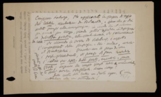 Nella cartolina, Benedetto Croce comunica a Giovanni Laterza di aver approvato il saggio di stampa per il suo volume di estetica, auspicando una rapida conclusione del lavoro per poi metter mano alla stampa del volume di filosofia pratica. Comunica altresì di avergli spedito le bozze del volume di Friedrich W.J. Schelling, chiedendogli di far apportare alcune correzioni in tipografia. Infine esprime disappunto per la riduzione di peso della carta usata per “La Critica”.