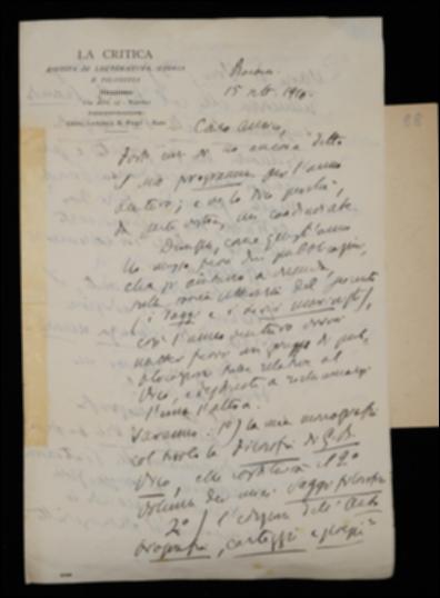 Nella lettera, Benedetto Croce fa presente a Giovanni Laterza che, come nell'anno in corso si è occupato dei lirici marinisti e dei saggi sul Seicento letterario, due volumi che si richiamano a vicenda, così per il 1911 intende dare alla luce un gruppo di pubblicazioni relative a Giambattista Vico: una monografia sulla sua filosofia; l'edizione di autobiografia, carteggio e poesie; una memoria sulla bibliografia vichiana per gli “Atti dell'Accademia Pontaniana”, i cui estratti saranno messi in commercio da Laterza; inoltre Fausto Nicolini curerà l'edizione critica de “La scienza nuova”. Affinché tutto sia pronto in occasione del Congresso internazionale di filosofia del 1911 il Croce raccomanda all'editore barese che la Tipografia Vecchi cominci la composizione della mo...