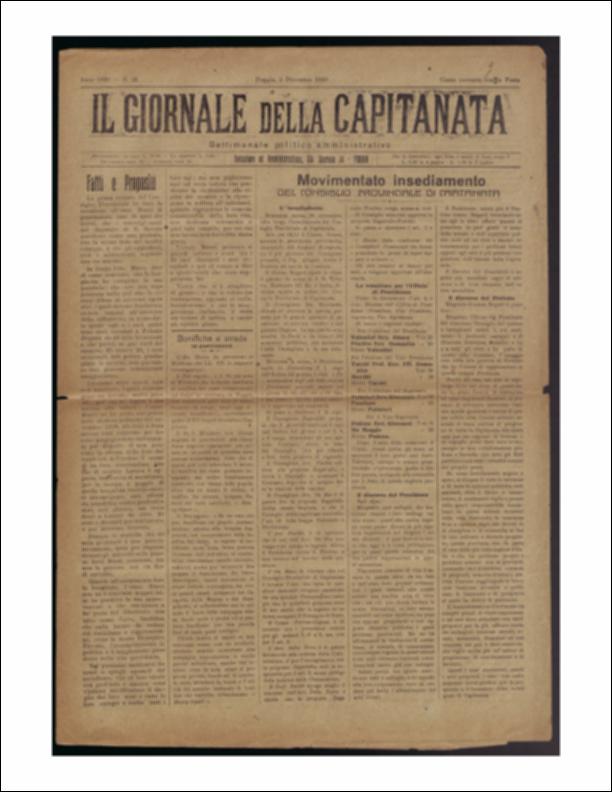 Il documento è parte della collezione del fondo libri digitalizzati della Biblioteca provinciale La Magna Capitana di Foggia, comprendente alcune monografie di diversi secoli e periodici del Novecento. Nello specifico si tratta del ventunesimo numero del periodico “Il Giornale della Capitanata – Settimanale politico amministrativo”, pubblicato il 5 dicembre 1920. Nelle prime due pagine ritroviamo articoli che raccontano, da più punti di vista, l'insediamento del Consiglio Provinciale in Capitanata, avvenuto il 28 novembre dello stesso anno. In maniera dettagliata è riportato l'iter della votazione per la nomina delle singole cariche: all'Ufficio di Presidenza, con 25 voti, venne eletto l'avvocato Valentini del quale troviamo riportato il discorso completo. Interessante ...