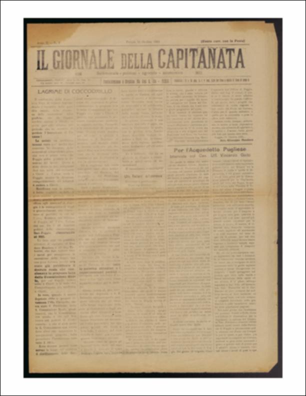 Il documento è parte della collezione del fondo libri digitalizzati della Biblioteca provinciale La Magna Capitana di Foggia, comprendente alcune monografie di diversi secoli e periodici del Novecento. Si tratta de "Il Giornale della Capitanata" del 30 ottobre 1921. Il numero cominciò con un articolo dal titolo "Lagrime di coccodrillo", un momento di riflessione sulla vicenda dell'unione della città di Foggia a quella di Chieti, avvenuta in seguito della proposta avanzata dalla Commissione Reale con decreto regio. Un fatto che fu visto e sopportato malamente dalla città, tanto che nell'articolo si fa ammonimento verso il Sindaco e la stessa città, che avrebbero "dormito" 10 anni per poi ritrovarsi il documento già firmato. Si continua con l'intervista al Cav. Uff. Vince...