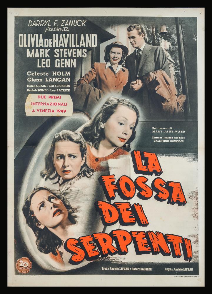 “La fossa dei serpenti” (titolo originale “The Snake Pit”) è un film giallo drammatico del 1948 diretto da Anatole Litvak, tratto dall'omonimo romanzo di Mary Jane Ward e interpretato da Olivia de Havilland.
Il manifesto cinematografico è firmato da Mico, pittore non identificato autore di diversi manifesti. L'approccio stilistico adottato è illustrativo, la composizione è basata su un collage di fotografie di scena che raccoglie i momenti più significativi del film. Questa tecnica era molto usata all'epoca e sostituiva quella pittorica, mettendo in risalto i personaggi e l'atmosfera generale, qui esaltata da un fotoritocco della fotografia a colori freddi in contrasto con il titolo del film realizzato in rosso.
Il manifesto originale è conservato nell’Archivio della Me...