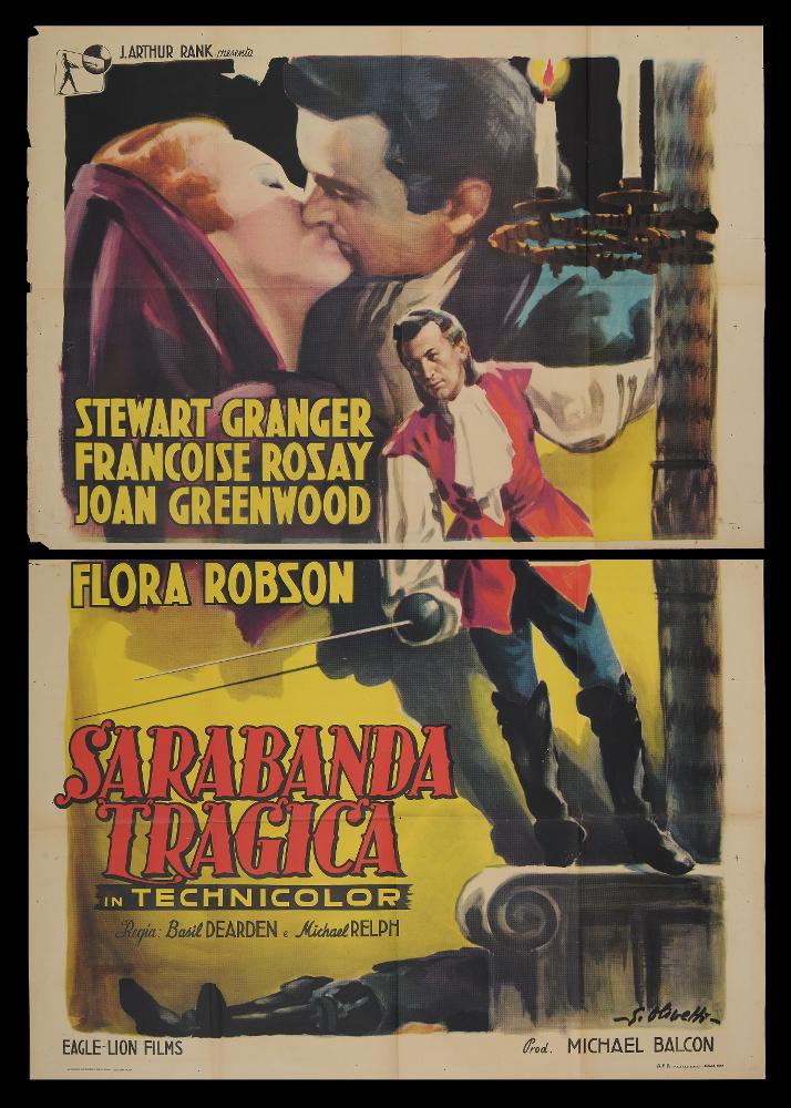 “Sarabanda tragica” (Saraband for Dead Lovers) è un film del 1948 diretto da Basil Dearden, con la sceneggiatura firmata da Helen Simpson, John Dighton e Alexander Mackendrick.
Tra gli interpreti principali ricordiamo Stewart Granger, Joan Greenwood e Flora Robson.
Il manifesto cinematografico è firmato dal celebre pittore di cinema Giorgio Olivetti, artista bolognese classe 1908. Le figure in primo piano sono acquerellate con colori brillanti e campiture di colori vivaci. La composizione è lineare, caratterizzata da chiaroscuri sintetici che enfatizzano la teatralità della scena.
Il manifesto originale è conservato nell’Archivio della Mediateca Regionale Pugliese ed è costituito da due fogli separati....