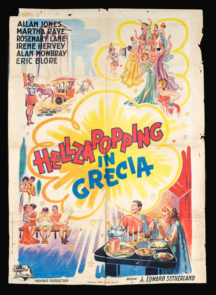 Hellzapopping in Grecia (The Boys from Syracuse) è un film del 1940 diretto da A. Edward Sutherland.
Il film è l'adattamento cinematografico di “The Boys from Syracuse”, commedia musicale con musiche di Richard Rodgers, testi di Lorenz Hart, libretto e regia di George Abbott e coreografie di George Balanchine.
Il manifesto cinematografico è a firma di Palozzi, illustratore di diversi manifesti cinematografici negli anni ’40. Il suo stile è molto particolare: al centro esplode un vero e proprio balloon con il titolo italiano del film e ai quattro angoli dell’immagine prendono posto scene fumettistiche, allegramente animate, in cui predilige colori chiari e vivaci.
Il manifesto originale è conservato nell’Archivio della Mediateca Regionale Pugliese....