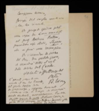 Ringraziando Giovanni Laterza per un vaglia cambiario appena ricevuto, Benedetto Croce lo prega di spedire una copia del volume dei lirici marinisti ad Antonio Belloni per una recensione; gli comunica poi di aver già rispedito a Bari le bozze del volume di Giambattista Vico e che a breve invierà il resto di quelle affidate ad Emilio Cecchi. Infine il filosofo avverte che al termine dei volumi in corso di stampa si dovrà dare la precedenza a quello di Giuseppe Baretti, tralasciando per il momento quello di Vincenzo Cuoco a cura di Fausto Nicolini e quello del Delfico-Iannelli.