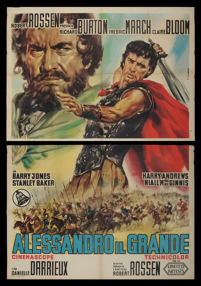 L'immagine riproduce uno dei manifesti conservati presso la Mediateca Regionale Pugliese (vedi Note). Si tratta nello specifico di una delle versioni grafiche del manifesto del film “Alessandro il Grande”, del 1950 per la regia di Robert Rossen a firma di Casaro (Renato Casaro) come si evince dalla firma presente sul lato. Tra i maggiori rappresentanti della grafica e del manifesto, Casaro adottò come modello Angelo Cesselon, il primo pittore ad utilizzare, per i manifesti cinematografici, un nuovo linguaggio che dà maggiore importanza ad una grande scena e ad un ritratto per raccontare una storia. Casaro è noto per essere stato un autodidatta che riuscì tuttavia ad acquisire competenze e abilità riconoscibili, come l’uso dell’aerografo e legami con le correnti surreali...
