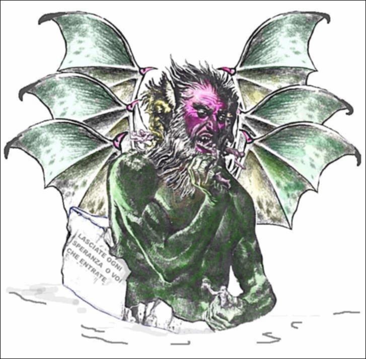 Bozzetto per la realizzazione di installazioni in cartapesta nel centro storico di Putignano per l’evento “Racconti di Carta – In cammino con Dante”.  Ispirato ai versi del Canto XXXIV dell’inferno, il tema è la figura minacciosa di Lucifero, rappresentato con imponenti ali e nell'atto di divorare i grandi traditori della storia: Giuda, Bruto e Cassio. La scultura, a cura di Franco Giotta, è stata posizionata in Largo Fra Leone, un angolo autentico ed intatto del borgo antico di Putignano....