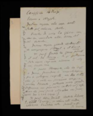 Nella cartolina, Benedetto Croce chiede a Laterza informazioni sui volumi di Karl Vossler, Georg W.F. Hegel e Immanuel Kant; poi gli comunica che il tipografo Valdemaro Vecchi ritarda l'invio delle bozze del volume di Antonio Labriola e che Giovanni Gentile ha quasi terminato il volume di Giordano Bruno. Gli riferisce infine dell'entusiasmo suscitato dalla neonata collana filosofica e lo sollecita ad inviargli un saggio della carta per la stampa.