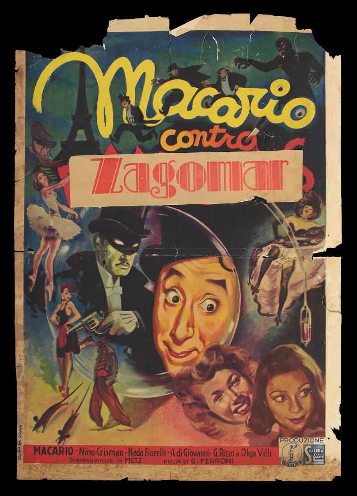 L'immagine riproduce uno dei manifesti conservati presso la Mediateca Regionale Pugliese (vedi Note). Si tratta della fotobusta verticale di "Macario contro Zagomar", film comico italiano del 1943, uno dei tanti con protagonista il popolare attore comico italiano di teatro, cinema e televisione Erminio Macario. Ricco di dettagli, personaggi e note narrative, la composizione, senza firma, può rientrare nel cosiddetto "primo stile" della pittura da cinema, che si sviluppa a partire dagli anni Trenta. Il linguaggio è narrativo, pieno, con cromatismi vivaci e luminescenti, con immagini figurative, ma dagli effetti non realistici. Qui i personaggi sembrano quasi immaginari, per una composizione che risulta molto dinamica che rispecchia l'atmosfera divertente del film....