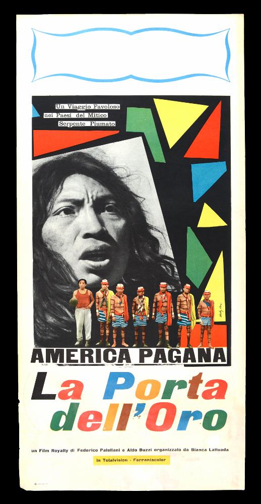 “America pagana - La porta dell'oro” è un film documentario del 1955 diretto da Aldo Buzzi e Federico Patellani.
La locandina cinematografica è a firma di Dady Orsi, illustre pittore, incisore e illustratore italiano, classe 1917. Dady (Edoardo Giovanni Battista) nasce da famiglia di origini lombarde ma trascorre la sua infanzia a Venezia dove si avvicina alla pittura frequentando lo studio di un noto Maestro veneziano assieme a sua madre che lavorava per lui come modella. Tornato a Milano, Dady frequentò l’Accademia di Brera, dove conobbe artisti celebri, tra cui Giò Ponti, Lucio Fontana. Gli anni Cinquanta vedono Dady esprimere la sua creatività su più fronti. Accanto alla pittura, va via via crescendo il suo impegno nel campo della grafica industriale. Il suo percors...