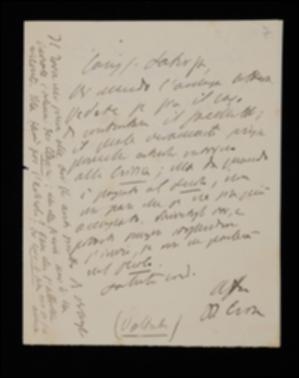 Nella lettera, Benedetto Croce invia in allegato a Laterza una lettera di Renzo Sacchetti datata al 19 gennaio 1907 chiedendogli di considerarne le richieste, tra le quali quella di poter avere il penultimo fascicolo della Critica del 1906, mai pervenutogli. Lo informa inoltre di alcune recensioni di volumi della collana filosofica.