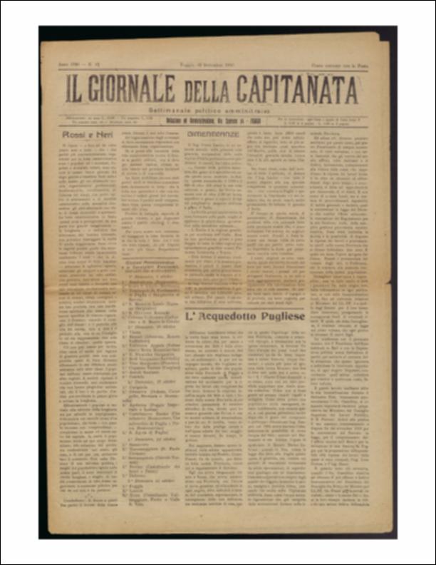 Il documento è parte della collezione del fondo libri digitalizzati della Biblioteca provinciale La Magna Capitana di Foggia, comprendente alcune monografie di diversi secoli e periodici del Novecento. Nello specifico si tratta del dodicesimo numero del periodico “Il Giornale della Capitanata – Settimanale politico amministrativo”, pubblicato il 12 settembre 1920. In prima pagina vi sono articoli sulle imminenti elezioni amministrative, di riflessione sulla situazione politica ed economica del Paese che si trovava in uno stato di intolleranza, inquietudine ed apprensione per lo stallo economico dovuto alla paralisi delle industrie. Infatti, fra l'1 e il 4 settembre 1920 quasi tutte le fabbriche metallurgiche in Italia furono occupate, coinvolgendo quasi più di 400.000 o...
