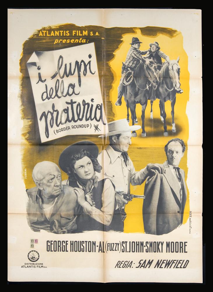 L'immagine riproduce uno dei manifesti conservati presso la Mediateca Regionale Pugliese (vedi Note). Si tratta della versione grafica per il manifesto del film “I lupi della prateria”. L’illustrazione è a firma dell’illustratore e grafico Renato Ferrini che compone una grafica piuttosto illustrativa, con pochi colori, il bianco e il grigio e il giallo. Nella composizione, fa uso di fotografie di scena disponendole in modo da creare una narrazione, che richiama la trama e l'ambientazione western, compresa la locandina dipinta con il titolo del film che aggiunge un bell'effetto decorativo....