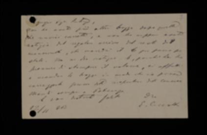 Nella cartolina, Ettore Ciccotti chiede all'editore la conferma di ricezione di quanto da lui spedito e sollecita la spedizione delle altre bozze prima della riapertura delle Camere.