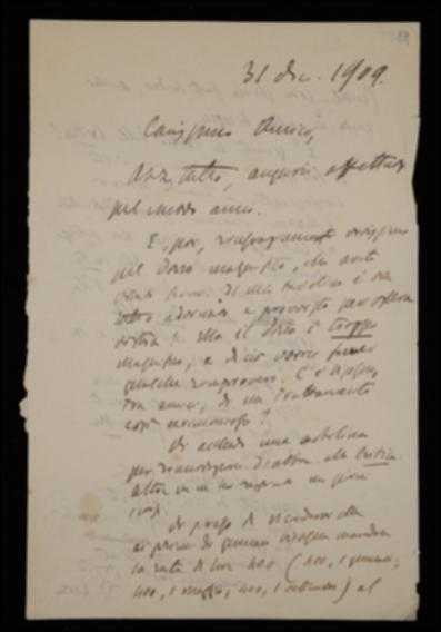 Dopo gli auguri per il nuovo anno e i ringraziamenti per i doni ricevuti, Benedetto Croce fornisce a Giovanni Laterza alcune indicazioni in merito al catalogo della collana degli scrittori d'Italia da inserire nel prossimo fascicolo de “La Critica”, chiedendo inoltre se sia giunta la carta per il periodico e quando possano cominciarsi a stampare i volumi della nuova collezione. Infine il filosofo comunica di aver licenziato per la stampa il proprio volume di saggi di estetica.