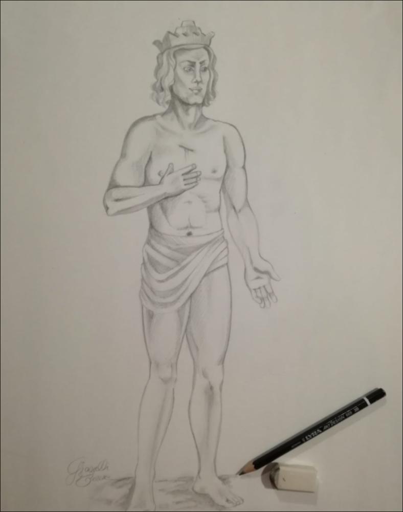Bozzetto per la realizzazione di installazioni in cartapesta nel centro storico di Putignano per l’evento “Racconti di Carta – In cammino con Dante”.  Ispirato ai versi del Canto III del Purgatorio, il tema è la figura di Manfredi di Svevia, nipote dell’imperatrice Costanza d’Altavilla. Manfredi viene rappresentato con una scultura greca sia nella posa che negli abiti per evidenziare il suo pentimento e la grazia divina ricevuta, nonostante le sue gravissime colpe. La scultura, a cura di Teresa Giagulli, Sebastiano Impedovo e Donato Patruno, è stata posizionata presso Porta Barsento, uno dei tre accessi al borgo antico di Putignano che prende il nome dalla località in direzione Alberobello, Noci, Castellana, denominata “Barsento” di origine messapica....