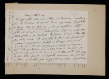 Nella cartolina, Benedetto Croce suggerisce a Giovanni Laterza di far stampare dalla tipografia Giannini alcune copie di un saggio sugli studi oraziani di Ferdinando Galiani, edito negli “Atti dell'Accademia Pontaniana” a firma di Fausto Nicolini, potendo poi distribuirlo ad un prezzo vantaggioso.