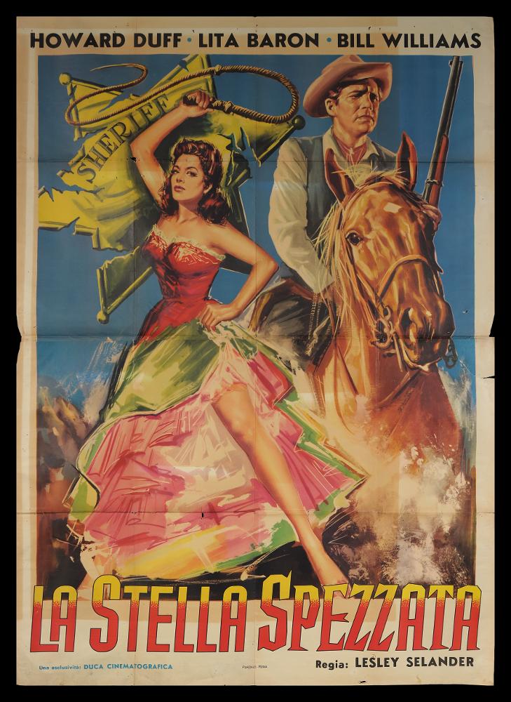 L'immagine riproduce uno dei manifesti conservati presso la Mediateca Regionale Pugliese (vedi Note). Si tratta di una delle versioni grafiche del manifesto del film “La stella spezzata” western del 1956 diretto da Lesley Selander. La composizione grafica del manifesto presenta i due personaggi a figura intera, ritratti con delle linee geometriche, quasi in maniera triangolare rispetto lo sfondo. Tipici gli abiti e gli attributi del genere western: la stella dello sceriffo in grande, lo sceriffo con il suo cappello ed armato a cavallo, una donna con abiti dai colori sgargianti e che impugna un lazo in movimento....