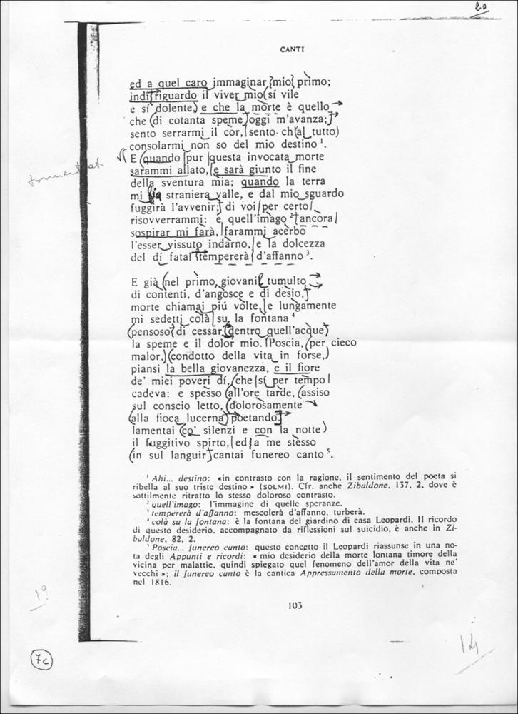L'immagine è una scansione, da originale, di una pagina con i versi de “Le ricordanze” di Giacomo Leopardi, con scritte a matita di Riccardo Cucciolla, il cui foglio originale fu esposto insieme agli altri, in occasione della mostra "Riccardo Cucciolla - Ritratto d'Attore". Organizzata e voluta dall'Associazione culturale "Attraverso lo Spettacolo", insieme al Servizio Biblioteca e Comunicazione Istituzionale del Consiglio Regionale e l'Assessorato al Mediterraneo, Cultura e Turismo della Regione Puglia, d'intesa con l'Università di Bari, la temporanea fu allestita presso il Centro Polifunzionale per gli Studenti dell'Università degli Studi di Bari (Ex Palazzo Poste) dal 9 al 16 novembre 2012, con l'obiettivo di onorare la memoria dell'attore pugliese riportandola all'a...