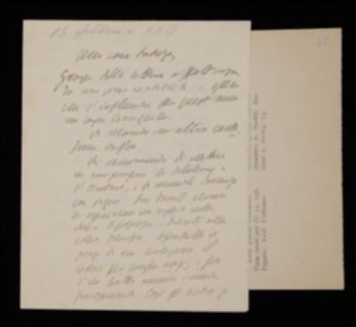 Nella lettera, Benedetto Croce esorta Laterza a far comporre i volumi di Friedrich W.J. Schelling e Johann F. Herbart, eventualmente in collaborazione con la tipografia Vecchi, e gli comunica che il secondo volume di Giordano Bruno è stato spedito alla tipografia Landi.