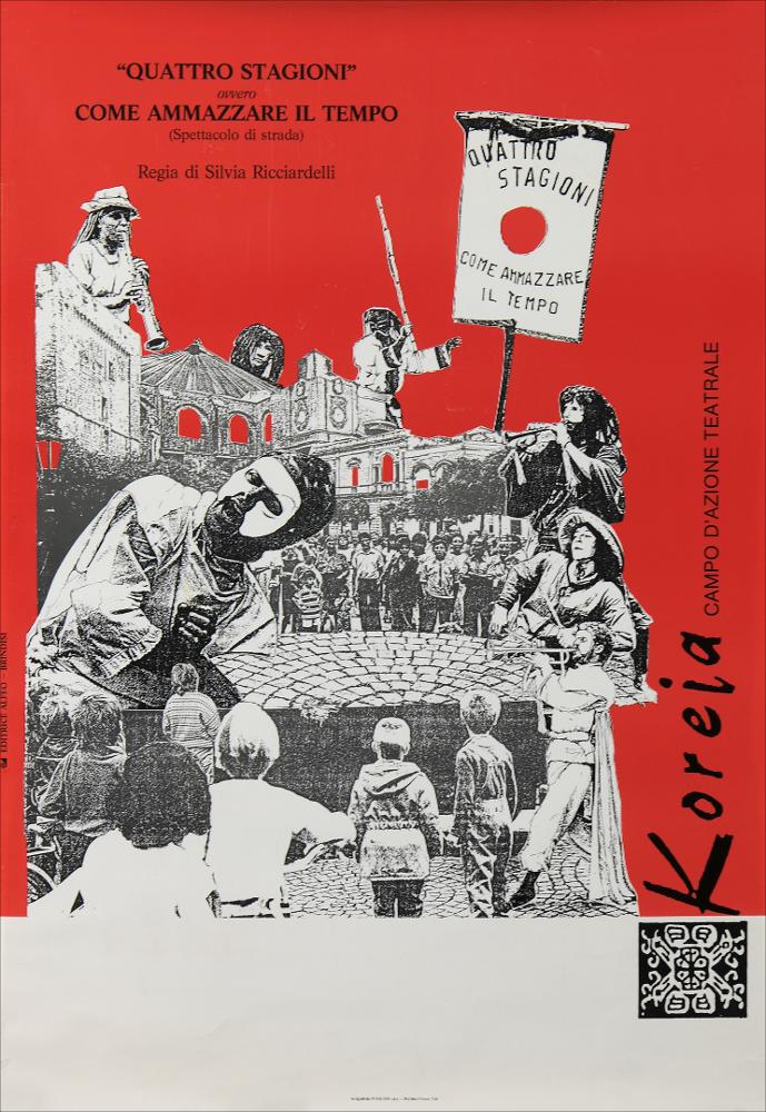 L'immagine in oggetto riproduce la locandina dello spettacolo "Quattro stagioni: come ammazzare il tempo" messa in scena nel 1986 nell'ambito della rassegna “Aradeo e i Teatri” inaugurata in quell'anno con il titolo “Pensaci Giacomino! Omaggio a Pirandello” per il cinquantenario della morte dello scrittore. La rassegna divenne un vero e proprio appuntamento con il teatro sperimentale che la compagnia, nata nel 1983 nel piccolo borgo salentino di Aradeo, portò avanti sin dall'anno della sua fondazione. Lo spettacolo è il frutto di otto mesi di ininterrotto lavoro non solo individuale, dei singoli artisti coinvolti, ma soprattutto collettivo. Su uno sfondo rosso acceso emergono immagini-illustrazioni che ripropongono l'idea di movimento e di spettacolo di strada insito ne...
