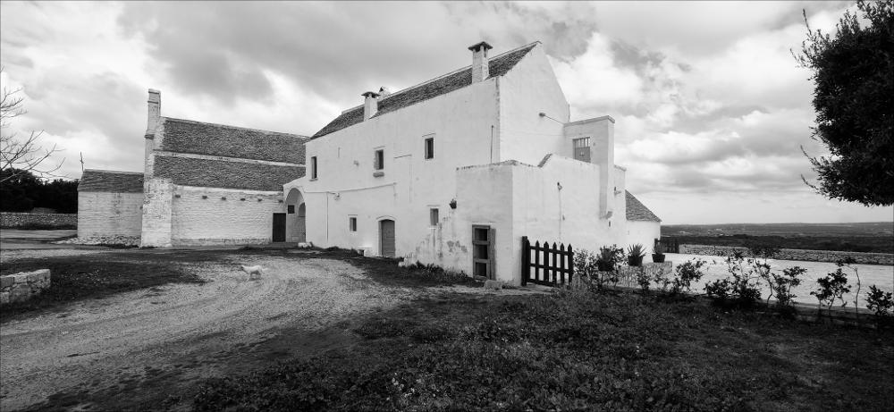 L'istantanea in oggetto, scattata in bianco e nero e successivamente post prodotta, fa parte di una più ampia raccolta di fotografie realizzate per il progetto di censimento di 248 masserie pugliesi avviato da Giancarlo Chielli, professore del corso in Beni Culturali e Ambientali presso l'Accademia di Belle Arti di Bari. Il lavoro svolto ha dato vita al volume “Le masserie di Puglia come Bene Culturale” in cui sono presenti alcuni scatti di masserie pugliesi tra cui questa presa in esame. In foto lo scorcio dell'imponente complesso masserizio denominato "I Monti" che sorge nella campagna tra Noci e Putignano, nell'antico Casale di Barsentum, annessa alla Chiesa di Santa Maria del Barsento. Fonti storiche datano la masseria al XVI secolo anche se gli ultimi lavori di res...