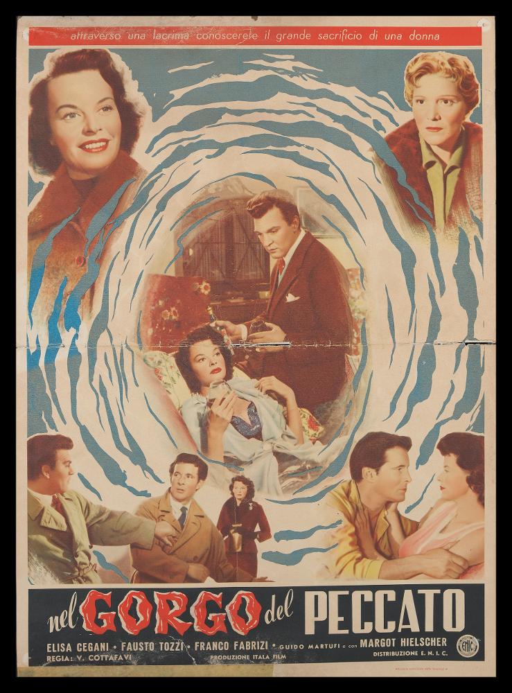 L'immagine riproduce uno dei manifesti conservati presso la Mediateca Regionale Pugliese (vedi Note). Si tratta della fotobusta verticale (soggettone) del film italiano "Nel gorgo del peccato". Senza firma, la composizione, bella e dinamica, è creata con un collage di immagini di scena tratti dal film, un linguaggio grafico tipico degli anni '50, che alternava quelle pittoriche, di cui Francesco Fiorenzi fu uno dei maggiori esponenti. In alto, il claim "attraverso una lacrina conoscerete il grande sacrificio di una donna" attrae il pubblico puntando sul lato drammatico del film; in basso il lettering del titolo, nella parola "gorgo", crea volutamente tensione e pathos, richiamando il vortice più grande che appare in tutta la composizione, che inghiotte tutti i protagoni...
