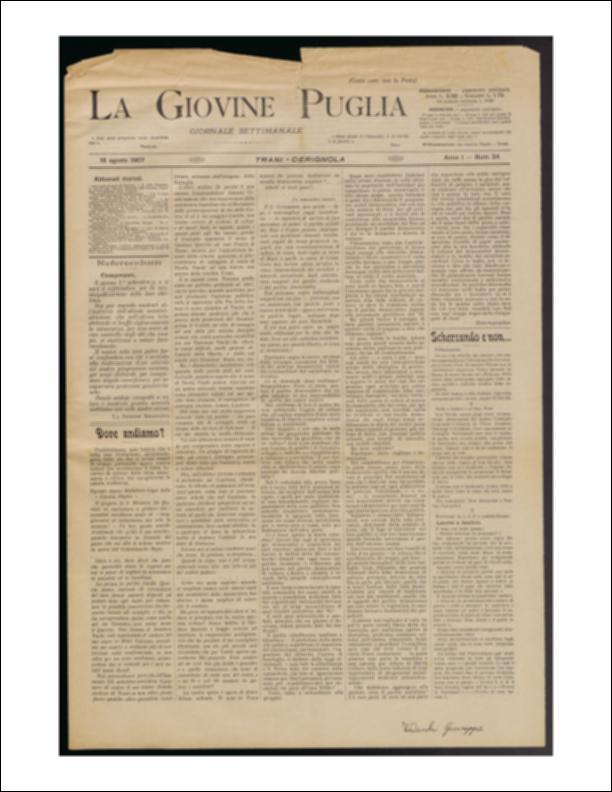 Il documento è parte della collezione del fondo libri digitalizzati della Biblioteca provinciale La Magna Capitana di Foggia, comprendente alcune monografie di diversi secoli e periodici del Novecento. Nello specifico si tratta del num. 34 dell'anno I de “La Giovine Puglia. Giornale socialista settimanale” del 18 agosto 1907. Il giornale apre con l'annuncio di un referendum in data 1° settembre per la municipalizzazione della luce elettrica. "La Sezione Socialista" invita i lettori a votare favorevolmente, nonostante sia dichiaratamente contraria all'indirizzo dell'attuale amministrazione. Prosegue con la pubblicazione di una lettera firmata da "un democratico sincero" che si domanda "Dove andiamo"? riferendosi ai giochi politici fatte nelle ultime elezioni, che favorir...