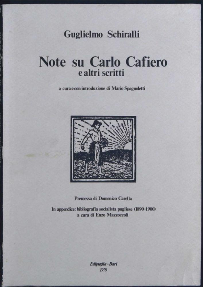 Il volume digitalizzato contiene la ristampa della biografia di Carlo Cafiero, a cura di Guglielmo Schiralli. Scritta e pubblicata per la prima volta nel 1892, rappresenta il primo lavoro completo ed organico che delinea il profilo dell’anarchico barlettano Cafiero, considerato da molti quasi come un santo che sacrificò tutto per le sue idee sino al martirio. Attraverso la ricostruzione di alcuni momenti della vita di Cafiero, e altri tre scritti (Garibaldi, La Comune, Emilio Covelli) l’autore ripercorre anche vicende salienti del movimento operaio italiano tra gli anni Settanta e Ottanta. In Appendice una "Bibliografia della stampa socialista pugliese: 1890-1900" a cura di Enzo Mazzoccoli.