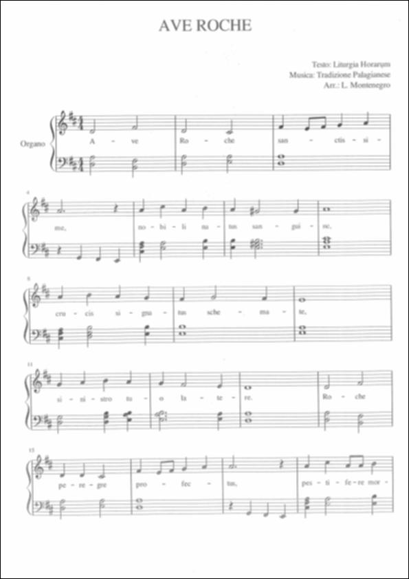 <div class="ql-editor"><div>La partitura di <em>Ave Roche</em>, inno tradizionale palagianese dedicato a San Rocco, patrono della città, documenta uno dei canti legati alla devozione locale.</div><div><br></div><div>San Rocco è patrono principale di Palagiano dal 1853, anno della sua proclamazione ufficiale da parte della Congregazione dei Sacri Riti. Il suo culto, diffuso dai frati francescani sin dal XVI secolo, è legato alla devozione verso il santo come protettore dalle epidemie, particolarmente invocato durante le pestilenze del Seicento.</div><div>La chiesa matrice, Parrocchia Maria SS. Annunziata, custodisce un simulacro ligneo del santo, databile alla fine del Seicento, e una reliquia autenticata nel 1859. La statua, venerata dai fedeli e arricchi...