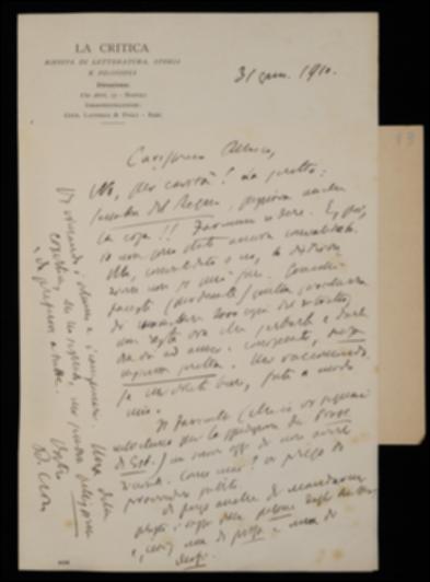 Benedetto Croce, rispondendo a Giovanni Laterza, lo dissuade dal proposito di distribuire in occasione della sua nomina a Senatore copie omaggio di una sua foto. Dopo averlo pregato di spedire il suo volume di saggi di estetica ad A. Farinelli, tornando a parlare della collana degli scrittori d'Italia gli comunica di aver scelto una tra le prove di copertina ricevute a e gli ribadisce la richiesta di un saggio delle pagine dei volumi.