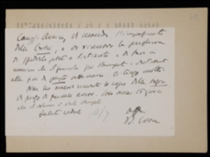 Nella cartolina Benedetto Croce comunica all'editore Laterza la spedizione delle ultime bozze de "La Critica", di cui sollecita una pronta stampa e distribuzione e lo prega di inviargli alcune copie del suo volume di logica.