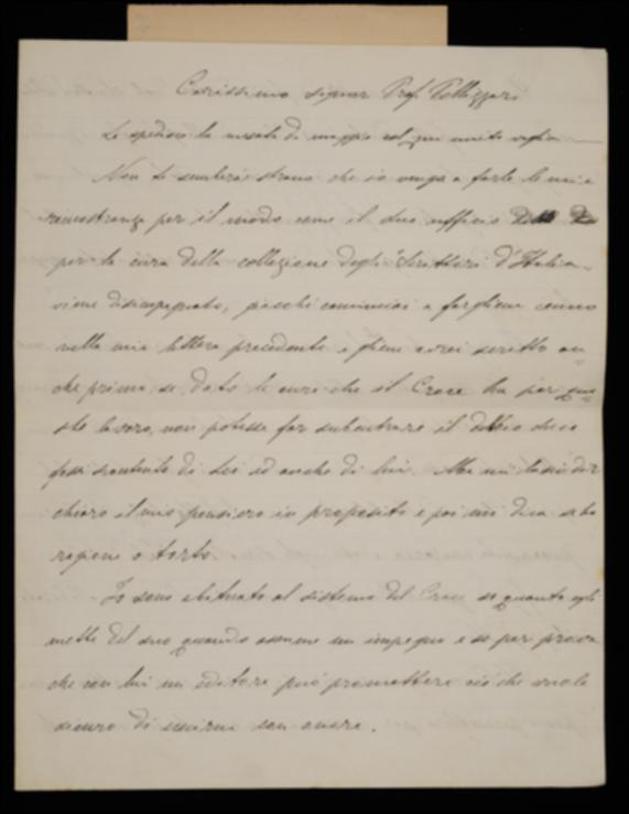 Il presente messaggio di Benedetto Croce per Giovanni Laterza è redatto in calce ad una bozza di lettera per Achille Pellizzari da parte dell'editore barese; questi l'aveva allegata ad una sua del 26 maggio 1910 al filosofo perché la rivedesse prima della spedizione. Nel suo messaggio Croce, rispondendo a due missive di Laterza, concorda sulla proposta di aggiungere la disdetta del contratto di direzione nella lettera indirizzata al Pellizzari e chiede di ricevere tutte le bozze degli Scrittori d'Italia per la revisione. Infine, accennando ad una terza missiva dell'editore, che non ci risulta perché probabilmente si tratta della lettera che lo stesso Laterza in altra sua comunica di aver spedito in bozza, il filosofo anticipa che risponderà dopo aver sentito il fratello...