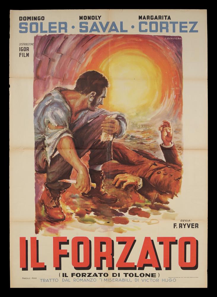 L'immagine riproduce uno dei manifesti conservati presso la Mediateca Regionale Pugliese (vedi Note). Si tratta di uno dei manifesti del film “Il forzato di Tolone” del 1943 per la regia di Fernando A. Rivero anche se sul manifesto è riportato F. Ryver. La firma che si legge è dell’illustratore Scalora S. che riporta per immagini una scena del film che riprende la trama del libro di Victor Hugo “I miserabili”. Qui vediamo un vero e proprio quadro dalle tinte calde e sfumate, dai toni drammatici, un uomo in ginocchio con un pugnale insanguinato, probabilmente in una galleria, guarda un uomo steso al suolo. Nella parte inferiore è riportato il titolo ed il riferimento esplicito al romanzo....