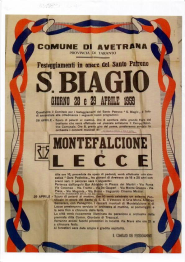 <div class="ql-editor"><div>Il manifesto del 1959 della <strong>Festa di San Biagio ad Avetrana</strong> documenta l’organizzazione delle celebrazioni del 28 e 29 aprile, affiancando ai riti religiosi una serie di attività civili. Tra queste si segnalano la fiera del bestiame, momento rilevante per l’economia locale, la gara podistica, i concerti musicali e gli spettacoli pirotecnici, elementi che contribuiscono a delineare il carattere popolare e comunitario della festa.</div><div><br></div><div>La <strong>Festa di San Biagio ad Avetrana</strong> rappresenta un momento centrale per l’identità sociale e culturale della comunità. Radicata nelle tradizioni salentine, unisce la dimensione religiosa a quella civile, mantenendo vive usanze e ...