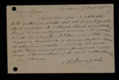 Nella cartolina, Aristide Baragiola informa l'editore che ha ricevuto il saggio dalla Germania e può intraprendere la correzione della seconda parte del volume.