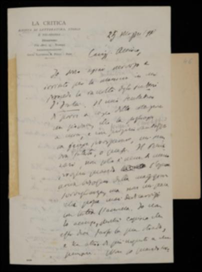 Nella lettera, Benedetto Croce esprime a Giovanni Laterza il suo rammarico per l'inadeguata direzione degli Scrittori d'Italia da parte di Achille Pellizzari, il quale, avendo assunto diversi impegni e trovandosi all'estero, ritarda le correzioni delle bozze e opera senza pianificare i suoi interventi. Dopo aver esortato l'editore a scrivergli una lettera di protesta, il filosofo si dice disposto ad assumere in prima persona la direzione della collezione con l'aiuto del proto Giovanni Giusti; in tal modo si potrebbero risparmiare le spese di collaborazione di Riccardo Zagaria oltre che quelle per il Pellizzari. Il Croce per il momento consiglia al Laterza di scrivere al giovane direttore lamentando i ritardi e i criteri non uniformi seguiti nella punteggiatura, attenden...