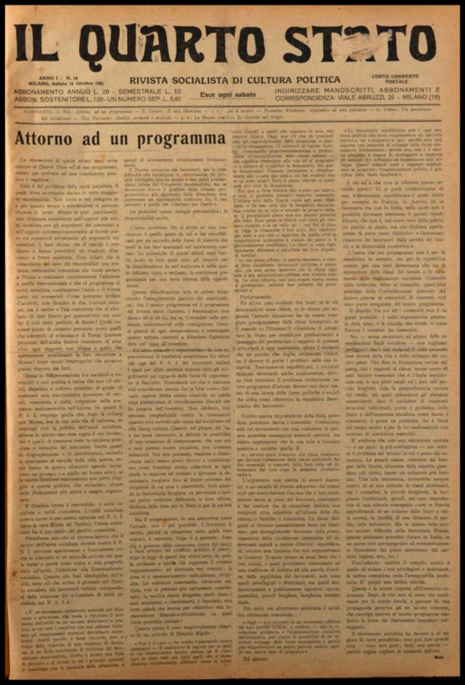 ll documento digitale è parte della collezione dell’emeroteca storica posseduta dall’Istituto pugliese per la storia dell’antifascismo e dell’Italia contemporanea di Bari (IPSAIC). Nello specifico la risorsa in oggetto riproduce il numero 28 del settimanale di attualità politica, fondato da Pietro Nenni e Carlo Rosselli, “Il Quarto Stato – Rivista socialista di cultura politica”, distribuito per un solo anno. Nel numero pubblicato il 16 ottobre 1926, in ultima pagina si può notare la rubrica "La libreria del Quarto Stato", in cui si consigliano appunto libri per lettura o approfondimento. Pietro Nenni scrive per presentare ad amici e lettori il volume di Arturo Labriola, un volume di 340 pagine, dal costo di 14 lire (per gli abbonati 12 lire). Dedicato a tutti coloro ch...