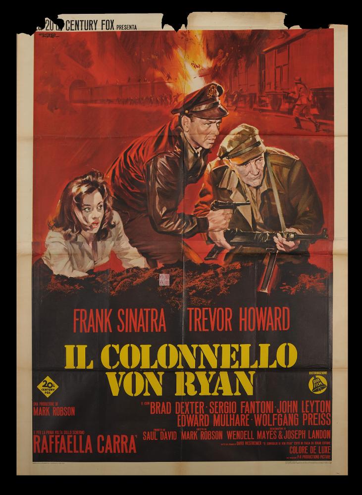 L'immagine riproduce uno dei manifesti conservati presso la Mediateca Regionale Pugliese (vedi Note). Si tratta di una delle versioni del manifesto del film "Il colonnello Von Ryan". Giuliano Nistri firma magistralmente questa composizione pittorica, in cui si respira una grande drammaticità e un fortissimo realismo come se il fruitore potesse vedere da vicino la scena. Lo sfondo rosso scuro mostra l'ambientazione di guerra, la seconda guerra mondiale, con i profili del treno rappresentati appena più scuri e il fuoco che divampa dalle carrozze, mentre in primo piano ci sono i protagonisti Frank Sinatra, Trevor Howard e una giovane Raffaella Carrà, splendidamente ritratti con un sapiente gioco di luci, soprattutto sui volti e gli abiti. Nistri è un pittore talentuoso, al...