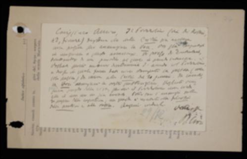 Nella cartolina, Benedetto Croce invita Giovanni Laterza a contattare Giuseppe Prezzolini, il quale chiede che "La Voce" sia pubblicizzata ne "La Critica" e in cambio propone di reclamizzare le pubblicazioni Laterza ne "La Voce".