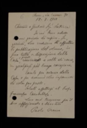 Nella cartolina, Paolo Orano comunica di essere libero da impegni e a disposizione dell'editore per finire presto il lavoro.