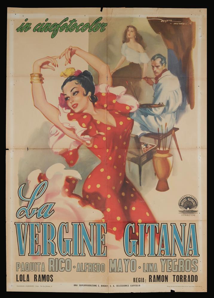 L'immagine riproduce uno dei manifesti conservati presso la Mediateca Regionale Pugliese (vedi Note). Si tratta del manifesto del film "La vergine gitana", del 1951 a firma di Deseta (Enrico De Seta) e Dell'Orco (probabilmente Giuseppe). Disegnatore e pittore italiano, noto come fumettista per giornali satirico-umoristici e periodici per ragazzi e soprattutto per la sua produzione di illustrazioni cinematografiche, Deseta contraddistinse le opere con la sua vena umoristica, ma realizzò disegni unici anche per film drammatici o western. Artista poliedrico, iniziò la sua attività di pittore per il cinema sin dal 1937, fu grande amico e collaboratore di Federico Fellini. Firma il manifesto con lui Dell'Orco, identificabile con l'illustratore Pino (Giuseppe) Dell'Orco, alli...