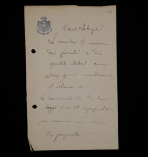 Nella lettera, Pietro Chimienti invia a Laterza l'elenco dei librai e degli editori cui inviare delle copie del volume, aggiungendo che aspetta per sé le prime copie del volume, una volta stampato. 