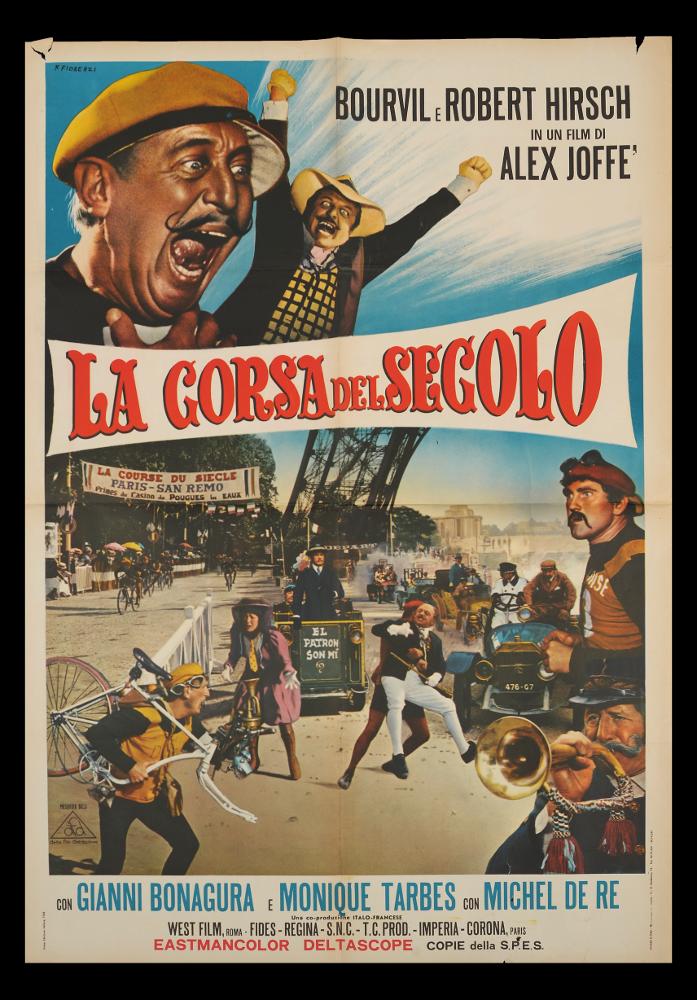 L'immagine riproduce uno dei manifesti conservati presso la Mediateca Regionale Pugliese (vedi Note). Si tratta di una delle versioni del manifesto del del film francese "La corsa del secolo", a firma di Francesco Fiorenzi. Fu il primo, tra i pittori di cinema dell'epoca, ad anticipare il linguaggio grafico e fotografico attraverso la realizzazione di collage con ritratti e scene prese dal film e l'inserimento di elementi pittorici per unire le immagini sparse nello spazio del manifesto, che qui si mostra colorato, vivace e ricchissimo di dettagli, rendendo perfettamente l'atmosfera festosa e anche un po' caotica di una Parigi di inizio secolo, nell'epoca delle gare di biciclette. Quello che oggi si realizza grazie a strumenti digitali, Fiorenzi lo realizzava creativame...