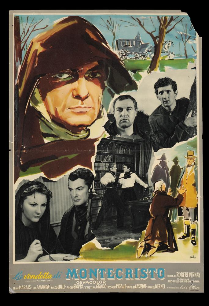 L'immagine riproduce uno dei manifesti conservati presso la Mediateca Regionale Pugliese (vedi Note). Si tratta della versione grafica per il soggetto della fotobusta verticale del film “La vendetta di Montecristo”, a firma di Nano, nome d'arte di Silvano Campeggi, come si evince dalla firma in basso a destra. Illustratore e pittore di fama mondiale, allievo di Luigi Martinati, fu autore di alcuni tra i più bei manifesti del cinema italiano come 'Via col vento', 'Ben Hur e i suoi quattro cavalli bianchi' e 'Colazione da Tiffany'. Il suo linguaggio stilistico si basa sulla sintesi di forme e linee, prediligendo campiture di colore ampie e nette per definire movimenti e figure dai volumi compatti. Usa disegni apparentemente semplici ma di grande raffinatezza stilistica, t...