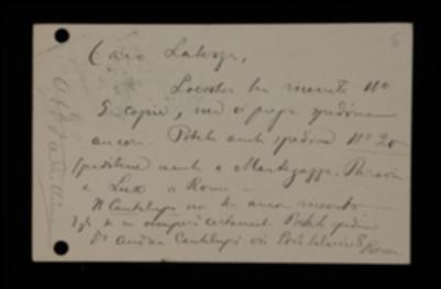 Nella cartolina, Pietro Chimienti informa Laterza che Loescher ha ricevuto le copie inviate e ne vuole altre, e chiede di inviarne anche a Mantegazza, Paravia, Lux e Cantalupi.
