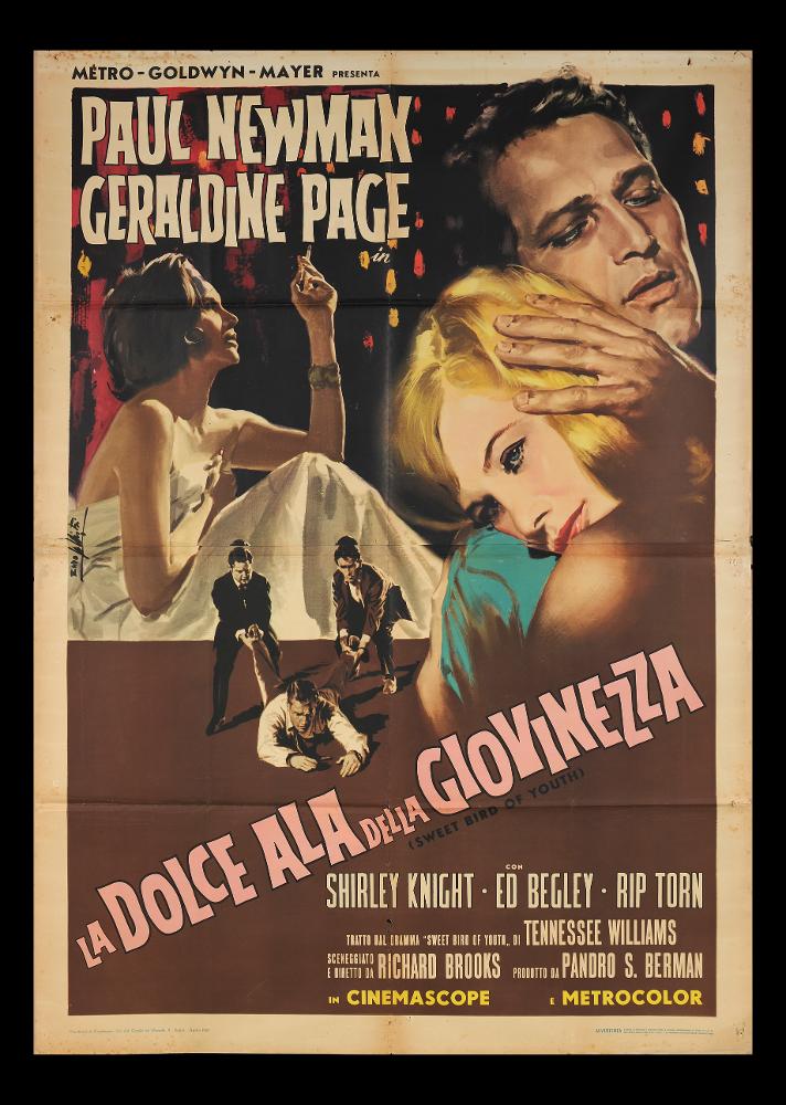 L'immagine riproduce uno dei manifesti conservati presso la Mediateca Regionale Pugliese (vedi Note). Si tratta del manifesto del film "La dolce ala della giovinezza", a firma di Enzo Nistri. Pittore romano che realizzò migliaia di manifesti per il cinema, Nistri si contraddistinse per un linguaggio maturo, uno stile semplice ed elegante che "si presta a raccontare ogni storia" (Baroni, 2018). Molti suoi lavori infatti si riconoscono per il tratto raffinato, ma al tempo stesso dalla forte intensità costruttiva data anche da un sapiente uso dei colori netti e spesso contrastanti, che aiutano a ben definire le figure e le scene descritte. Anche questa composizione infatti si caratterizza proprio per questi elementi e per un taglio moderno, fatto di più momenti narrativi d...