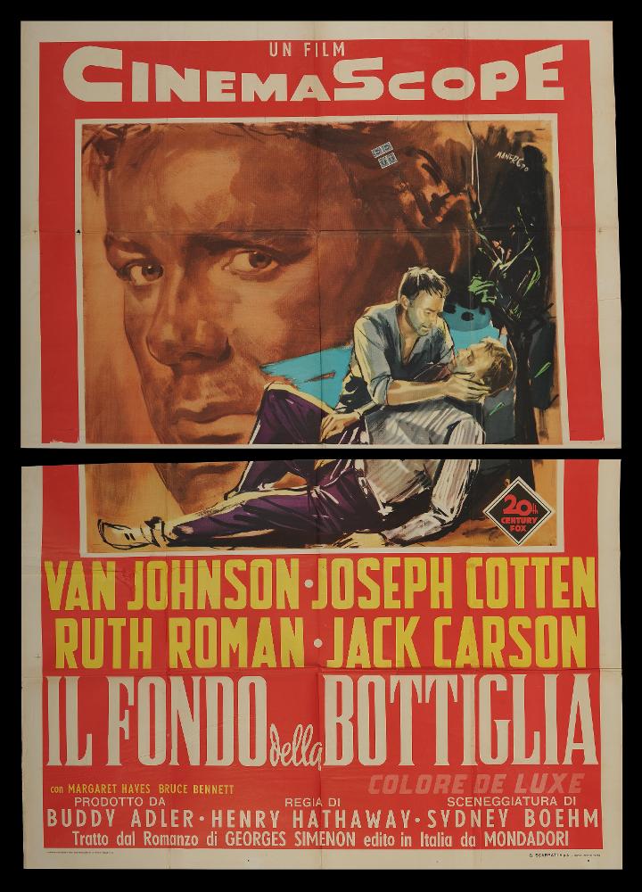 L'immagine riproduce uno dei manifesti conservati presso la Mediateca Regionale Pugliese (vedi Note). Si tratta di una delle versioni grafiche del manifesto del film “Il fondo della bottiglia” del 1955 per la regia di Henry Hathaway. Il manifesto è firmato dall’abruzzese Acerbo Manfredo (Manfredo), come si evince dalla firma in alto a destra. Si forma a Roma all'Accademia di Belle Arti e la sua carriera lavorativa lo vede insegnante di pittura, grafico ed illustratore per il cinema. Il suo stile è contraddistinto da un segno grafico espressionista, dall'accostamento del nero a colori accesi e da una composizione fatta di macchie e pennellate rapide, molto contemporanee, che certamente lo distingueranno dagli altri pittori di cinema, rendendolo inequivocabilmente riconos...